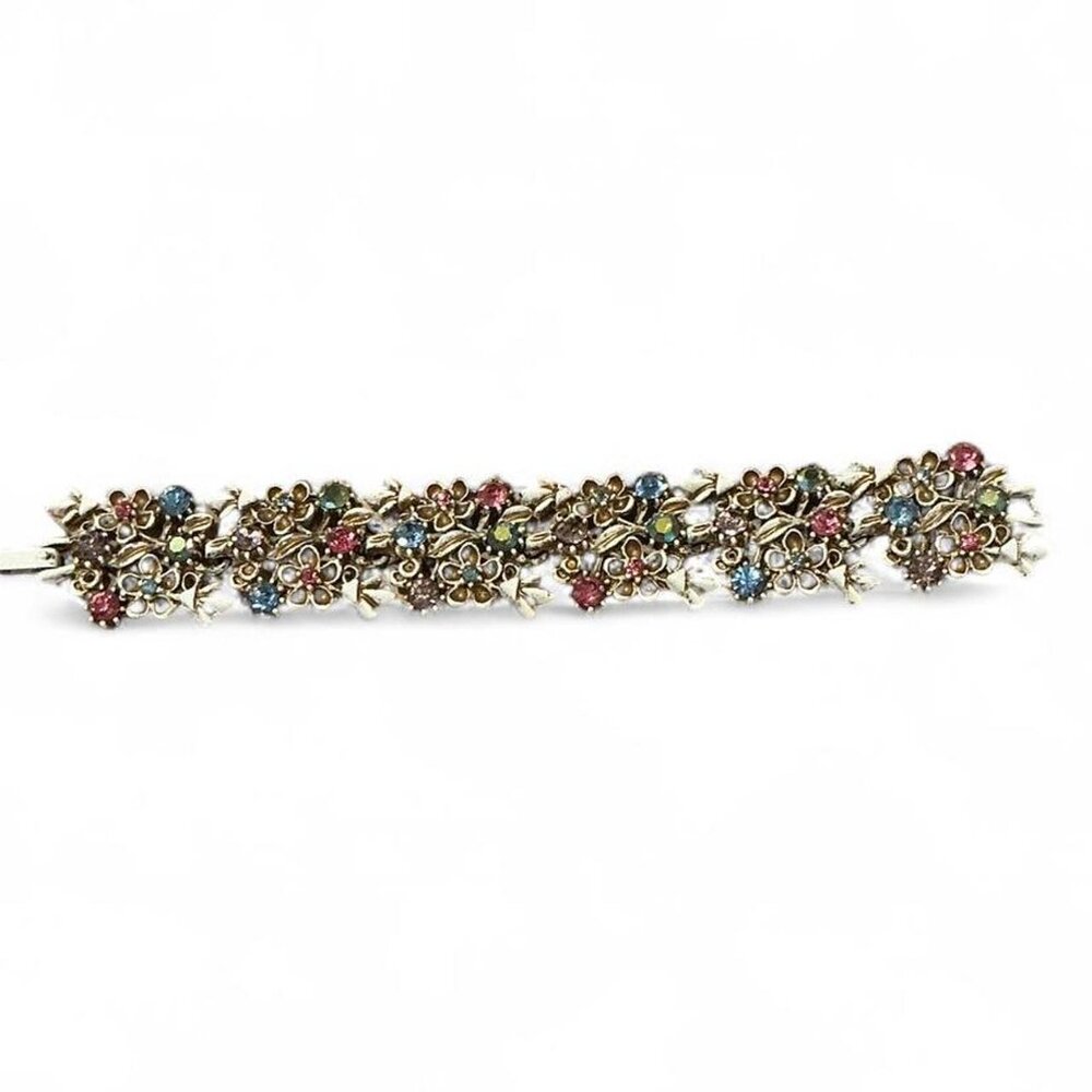 Vintage Fairy Garden Floral Rhinestone‎ Bracelet Pastel Flower Link Cottagecore